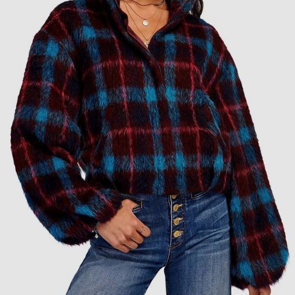 NWT Ramy Brook Women's Red Blue Arora Bomber Plaid Wool Fuzzy Jacket